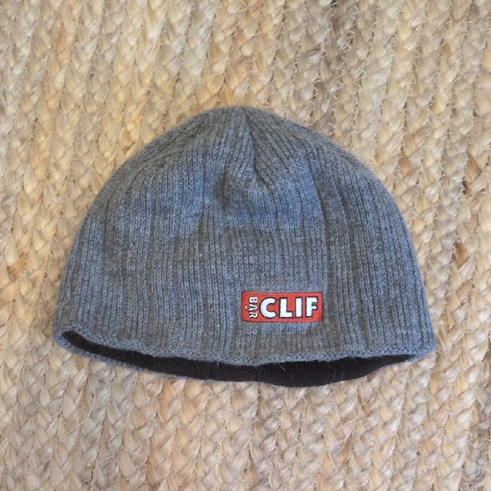Clif Bar Beanie Gray Knit Winter Hat Logo Patch Unisex One Size Outdoor Cozy